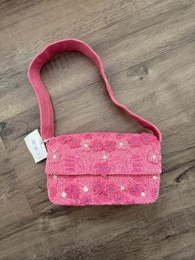 Pink Beaded Floral Shoulder Bag with Wide Strap